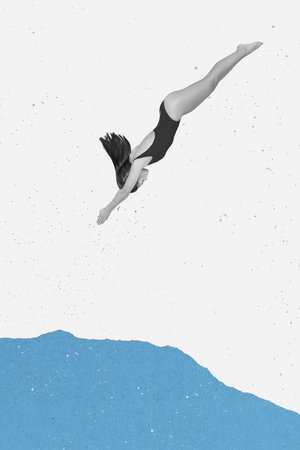 Exclusive magazine picture sketch collage image of lady jumping blue water isolated creative white color backgroundの写真素材