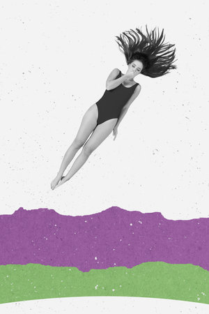 Creative 3d photo artwork graphics collage painting of holding breath lady diving isolated drawing backgroundの写真素材