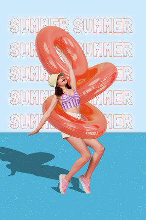 Photo collage artwork minimal picture of excited lady dancing inside beach swimming circles isolated creative backgroundの写真素材