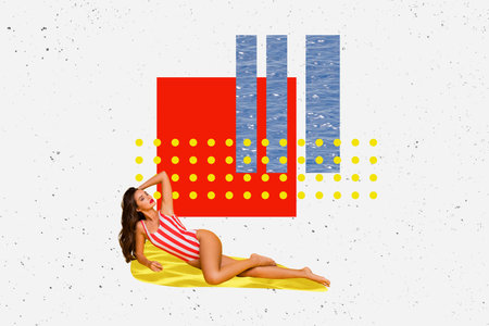Artwork collage picture of gorgeous peaceful girl enjoy sunbathing sand beach isolated on creative backgroundの写真素材