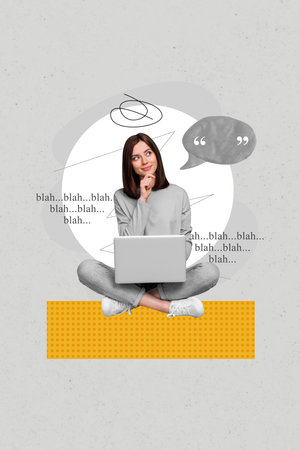 Collage of thoughtful smart woman use netbook touch chin curious idea phrase quote plasticine cloud bla blah isolated on grey backgroundの写真素材