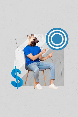 Creative 3d photo artwork collage painting of guy hyena instead head pointing target isolated grey...