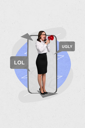 Creative abstract graphics collage of angry lady screaming toa bully messages modern gadget isolated grey color backgroundの写真素材