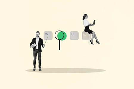 Artwork collage picture of two mini black white effect people pointer showing keyboard button work word magnifier lens use netbook coworkingの写真素材
