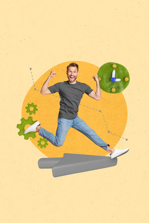 Photo collage artwork minimal picture of funny lucky guy achieving working success isolated graphical backgroundの写真素材