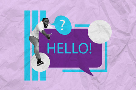 Photo collage artwork minimal picture of funky excited guy catching greeting bubble isolated graphical backgroundの写真素材