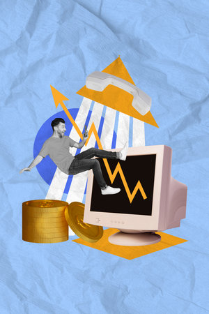 Poster banner template collage of young guy with phone call message from banker earn salary deposit golden cash cryptocurrencyの写真素材