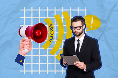 Creative collage image of arm hold loudspeaker toa communicate tell ideas mini elegant black suit man use tablet isolated on blue backgroundの写真素材