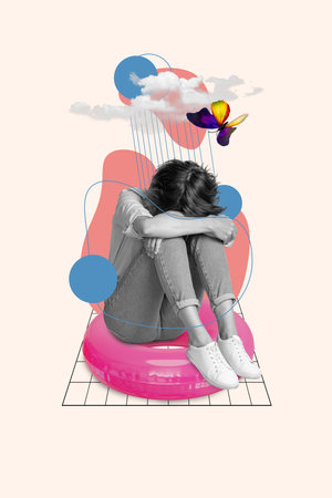 Collage of crying woman sitting grumpy her summer vacation failed rainy weather ruined dream about swimming isolated on beige backgroundの写真素材