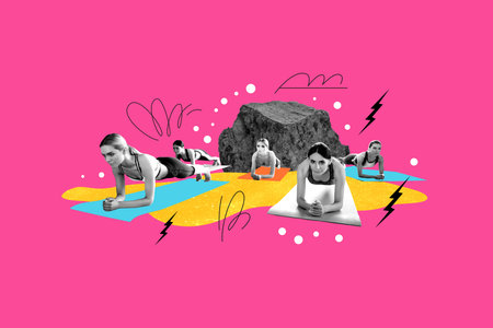 Collage portrait of black white gamma girls plank exercise fit carpet prepare figure body summer isolated on pink backgroundの写真素材