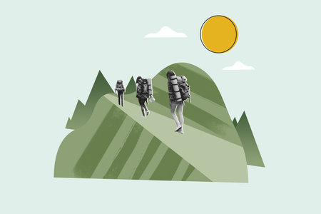 Creative collage rear view expedition group people lost in mountains forest walking route with...