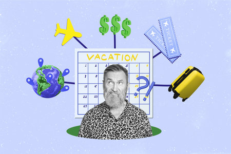 Exclusive magazine picture sketch collage image of unsure guy having many trip organization questions isolated creative backgroundの写真素材