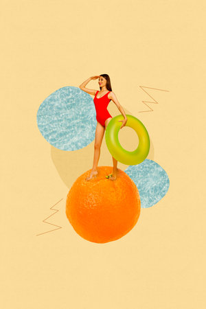 Composite collage image of beautiful attractive young female summer vacation swim lifeguard inflatable ring saver fresh orange fruit juiceの写真素材