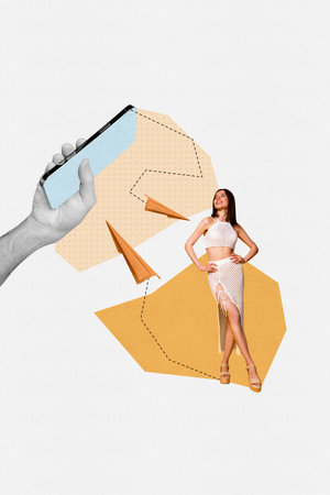 Collage 3d image of pinup pop retro sketch of beautiful young lovely female lady enjoy summer vacation device hand hold screen paper planeの写真素材