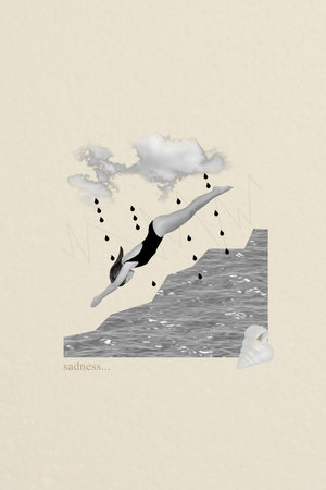 Collage vertical black white gamma 3d pop banner image of sporty lonely woman dive water summer rainy weather isolated painting backgroundの写真素材