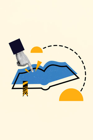 Drawing pop colorful poster banner collage of finger pointing paper publish book reading information material for school studyingの写真素材
