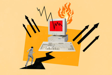 Magazine drawing image template collage of burning broken vintage computer young programmer repairman run fast for fixingの写真素材