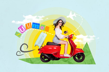 Bright creative picture image artwork collage 3d pop image of crazy overjoyed girl riding airport weekend trip isolated painting backgroundの写真素材