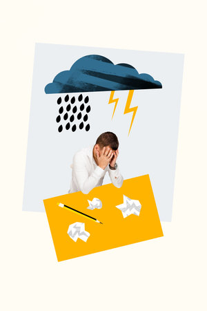 Vertical creative illustration of young man collage hands cover face rainy weather stressful job no inspiration isolated on grey backgroundの写真素材