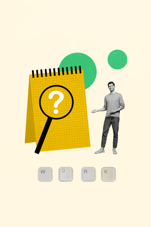Vertical artwork 3d collage of young man exploring magnifying glass zoom loupe notebook question find answer isolated on drawing backgroundの写真素材