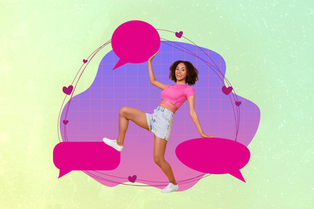 Poster banner picture collage artwork of crazy funky lady have fun hold rejoice hold empty space cloud figures isolated drawing backgroundの写真素材