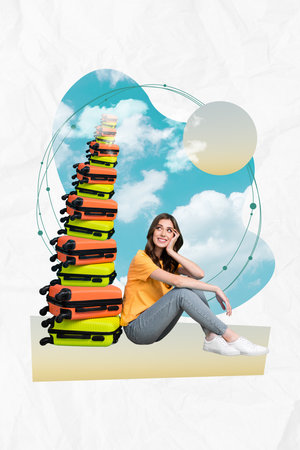 Poster pop creative sketch picture image collage of lovely pretty girls sitting dream vacation abroad isolated drawing backgroundの写真素材