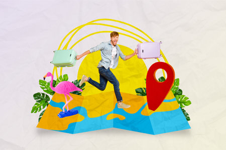 Picture bright collage poster banner image of happy cheerful guy hurry airport flying abroad tropical country isolated drawing backgroundの写真素材