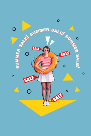 Poster banner pinup pop retro collage of lovely happy girl hold rubber ball resort abroad liner cruise isolated on blue drawing backgroundの写真素材