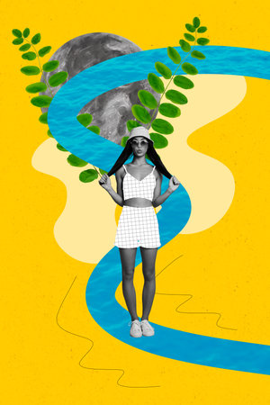 Creative artwork collage painting of impressed funky lady enjoying free time river beach isolated yellow color backgroundの写真素材
