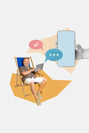 Creative poster collage of old retired funny man pensioner blogger influencer enjoy summer vacation hand hold device screen connectionの写真素材