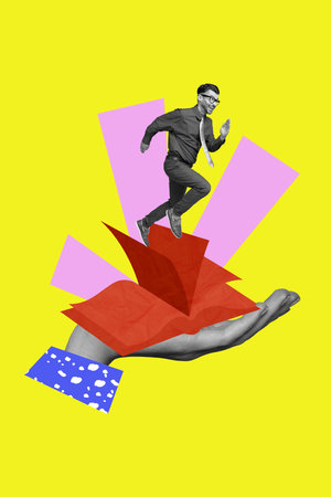 Vertical creative collage photo of clever young man formalwear teacher running reading more books isolated on yellow color backgroundの写真素材