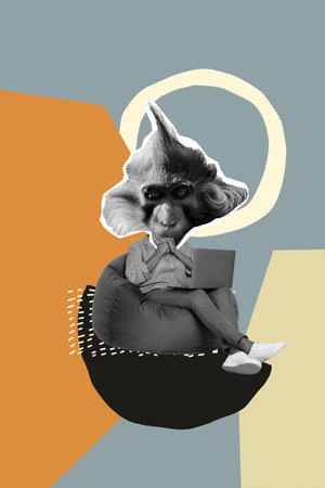 Vertical photo collage of head absurd wild monkey chimpanzee explore new laptop sit beanbag stupid worker isolated on grey backgroundの写真素材