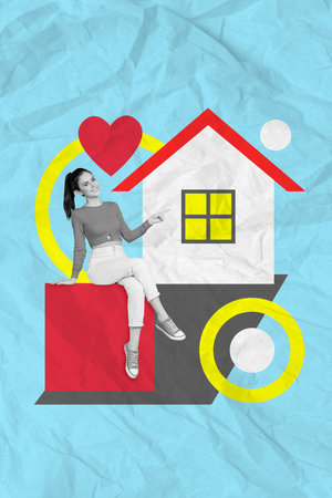 Exclusive magazine picture sketch collage image of happy smiling lady choosing favorite house buy isolated creative backgroundの写真素材