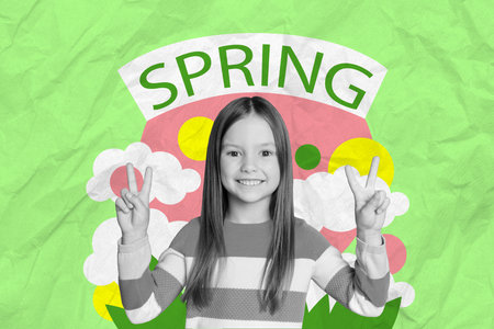 Picture image collage artwork poster of cheerful positive girl rejoice holiday demonstrate v-sign isolated on drawing green backgroundの写真素材