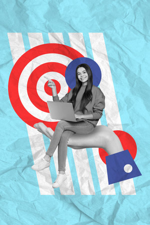 Vertical artwork sketch collage of cute lovely lady sitting big arm palm showing dartboard bullseye isolated on blue painted backgroundの写真素材