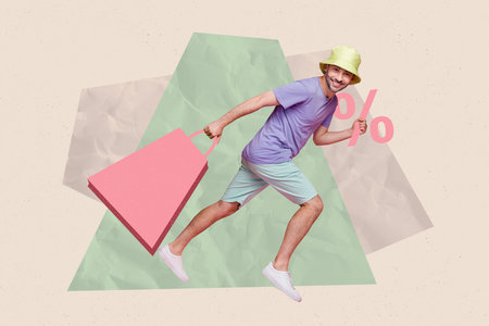 Creative collage of excited guy hold boutique mall bag big sale percent symbol rush isolated on painted backgroundの写真素材