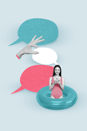 Vertical collage picture of mini black white effect girl use smart phone inflatable circle big arm hold dialogue bubbleの写真素材