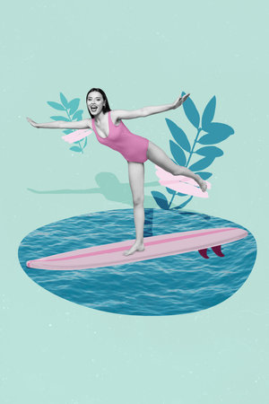 Vertical collage image of black white gamma excited girl arms wings surfing board painted plant leaves isolated on teal backgroundの写真素材