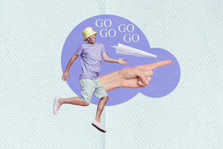 Artwork collage picture of funky cool guy going flight check in journey isolated drawing blue color backgroundの写真素材