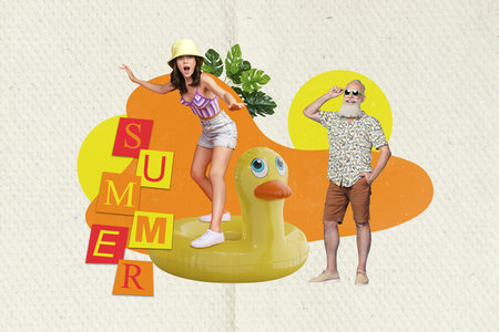 Creative artwork collage painting of cool funky couple enjoying vacation riding duck circle isolated drawing backgroundの写真素材