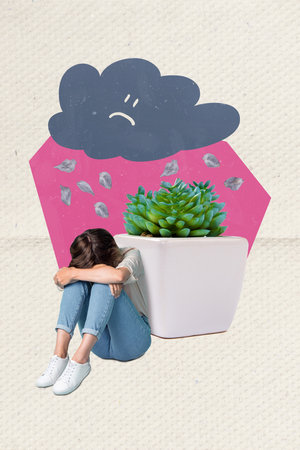 Creative photo graphics collage of crying lady having problems troubles raining cloud isolated drawing backgroundの写真素材