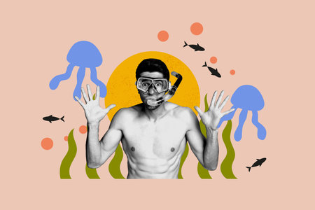 Collage image of black white effect guy scuba diving mask glasses drawing fish jellyfish isolated on beige backgroundの写真素材