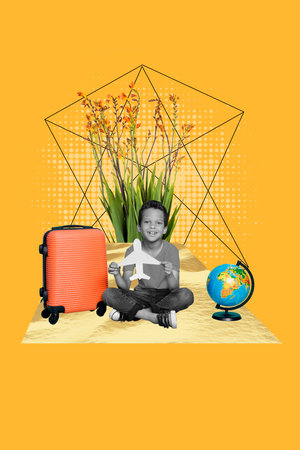Artwork collage of young small school boy hold paper airplane baggage little passenger wait in terminal isolated over flowers backgroundの写真素材