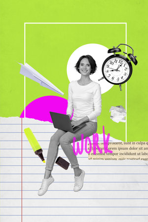Artwork magazine collage picture of happy pretty lady creating work schedule modern device isolated drawing backgroundの写真素材
