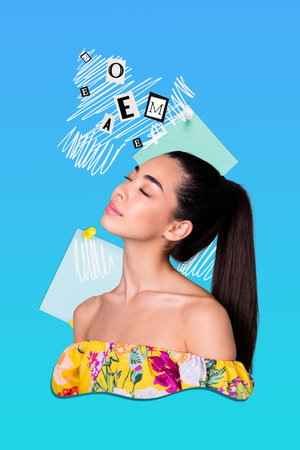 Vertical collage portrait of minded peaceful girl closed eyes contemplate letters memo stickers isolated on blue backgroundの写真素材