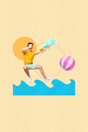Image poster banner collage of fun young guy have fun on pool party outdoors water activity playing volleyball fightの写真素材