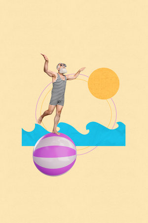 Vertical collage of summertime hobby jumping diver wear mask snorkeling sunny weather volleyball ocean waves isolated on yellow backgroundの写真素材