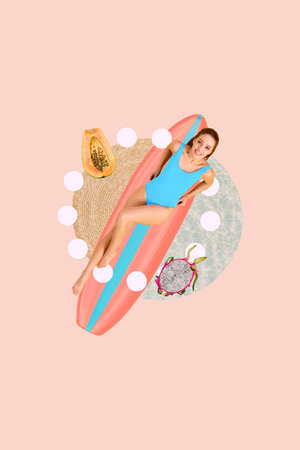 Collage pop sketch image of dreamy smiling lady lying surf board enjoying tropical fruits isolated pastel color backgroundの写真素材