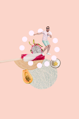 Photo cartoon collage picture of funky guy dancing enjoying fruit ice cream isolated creative pastel backgroundの写真素材