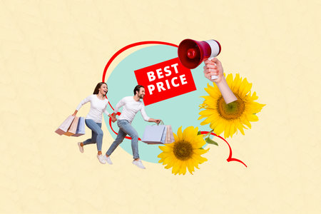 Collage retro sketch image of excited funky couple running buying summer clothes isolated beige painting backgroundの写真素材